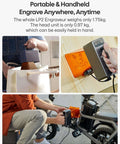 LaserPecker LP2 laser engraver with roller; portable handheld unit shown engraving a bag and mounted on a motorcycle.