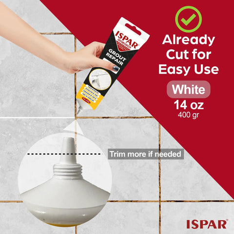 14 oz Grout Repair Kit With White Grout Filler for Wall and Floor Tile Joints, includes pre-mixed filler, spatula, and sponge.