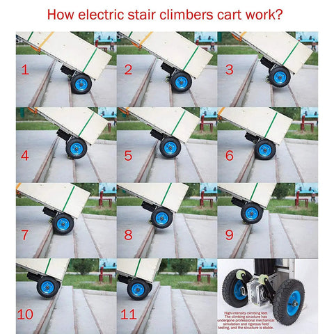 Electric stair climber demonstration series showing Heavy Duty Powered Hand Truck Stair Climber With Electric Motor And Folding Design.