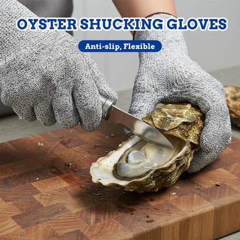 Person wearing gray Level 5 Cut Resistant Gloves For Chefs And Butchers With Food Grade Puncture Resistant Safety Tough As Nails Grip Size Large, shucking oysters on wooden board.