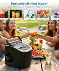 Outdoor gathering with friends using Countertop Ice Maker With Handle Delivers 9 Bullet Ice Cubes In 6 Minutes, Up To 26 Lbs Per Day