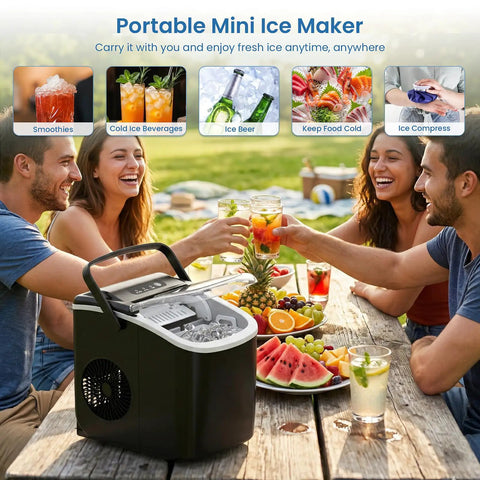 Outdoor gathering with friends using Countertop Ice Maker With Handle Delivers 9 Bullet Ice Cubes In 6 Minutes, Up To 26 Lbs Per Day