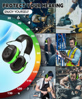 Bluetooth Hearing Protection Headphones With 30dB Noise Reduction 1500mAh Rechargeable Battery 40 Hour Playtime ABS Shell Green Color Worksite Ready For Mowing Snow Blowing Construction And Workshops in use at various work environments