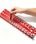Handy Thread Gauge Kit With 22 SAE And 18 Metric Thread Sizes, red tool board in use for bolt sizing by hand.