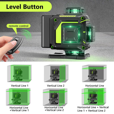 Ultra Bright 16 Line 360 Self Leveling Laser Level With 4D Green Cross Lines Remote Control