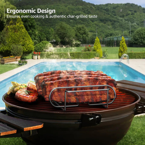 Nonstick Rib Rack For Grilling And Smokin Holds Four Rib Racks Porcelain Coated Steel Stand Durable Convenient BBQ Accessory For Smoker And Grill Great For Ribs And BBQ Nights with ribs on outdoor grill by pool