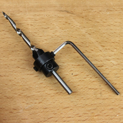 Tapered drill bit with hex key from 7-Piece Tapered Drill And Countersink Set For Clean, Flush Or Countersunk Holes In Hard Wood.