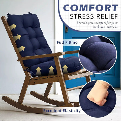 Indoor Outdoor Rocking Chair Cushion Navy Blue Waterproof High Back Pad For Lounger And Recliner Patio Chair Pad With Non Slip Ties