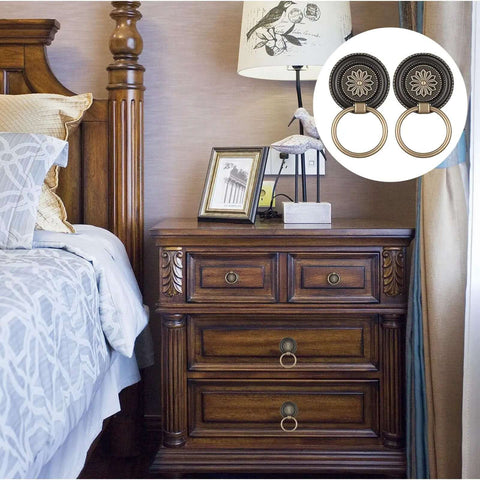 Antique Bronze Drawer Pull Rings Set Of 6 With Screws Vintage Cabinet Hardware on wooden dresser next to bed