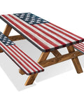 American Flag Picnic Table Cover Set With Elastic Waterproof Bench Covers For Outdoor Use on wooden table and benches