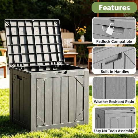 Massive 260 Gallon Outdoor Storage Box Bench Waterproof Resin Deck Box Lockable Patio Storage For Cushions Tools And Garden Gear Perfect For Poolside And Patio UV Resistant Weatherproof Gray shown open with padlock compatible lid.