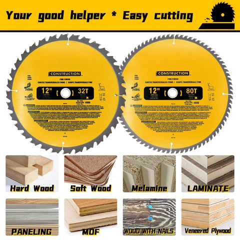 Upgraded 2 Pack 12 Inch Miter Saw Blade With 80 Tooth And 32 Tooth Tungsten Carbide for fine finish cutting on wood surfaces