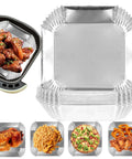 Heavy Duty Aluminum Foil Air Fryer Liners Pack Of 100 Pcs, 6.3 Inch Square, shown with food examples