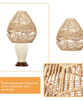 Natural Rattan Woven Pendant Lamp Shade With Hemp Rope Cover featuring round wicker and khaki hue, shown on and off stand.