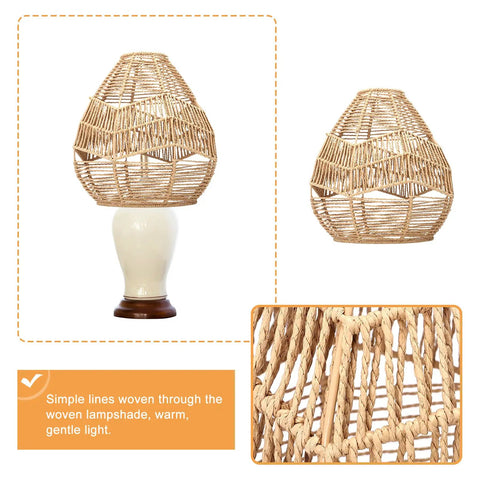 Natural Rattan Woven Pendant Lamp Shade With Hemp Rope Cover featuring round wicker and khaki hue, shown on and off stand.
