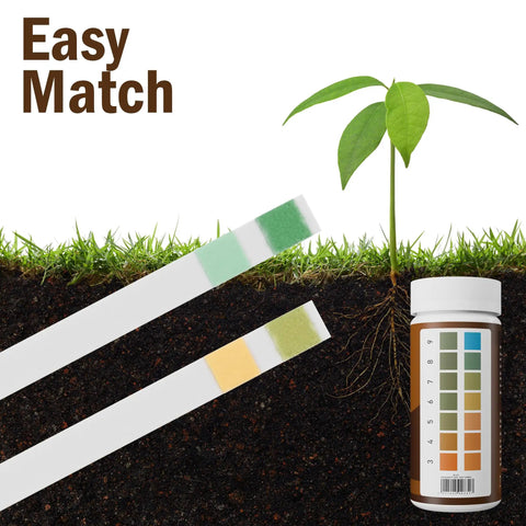 100 Pack Soil pH Test Strips Kit With Fast And Accurate Readings For Garden Lawn And Plants 3 To 9 pH Range shown with test strips and plant.