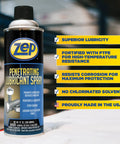 Can of Zep Penetrating Lubricant Spray featuring product details and benefits, Superior Lubricity, No Chlorinated Solvents, Made in USA.
