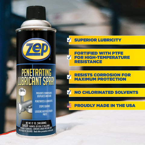 Can of Zep Penetrating Lubricant Spray featuring product details and benefits, Superior Lubricity, No Chlorinated Solvents, Made in USA.