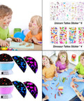 Two Pack Kids Night Light Projector For Bedroom With Six Films Starry Sky Unicorns Dinosaurs Pink And Blue Colorful Glow 4.1 X 3.8 Inches Perfect Gift For Kids with tattoo stickers and children playing.