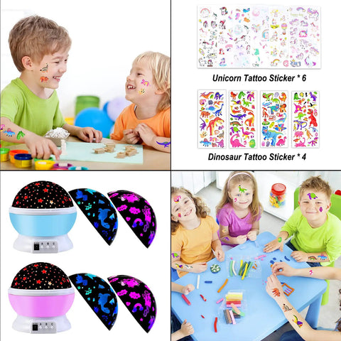 Two Pack Kids Night Light Projector For Bedroom With Six Films Starry Sky Unicorns Dinosaurs Pink And Blue Colorful Glow 4.1 X 3.8 Inches Perfect Gift For Kids with tattoo stickers and children playing.