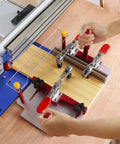 Coping Sled for Router Table With Clear Acrylic Fence, Rail Guide, and Safety Pushing Clamp in use for precise cabinet joints