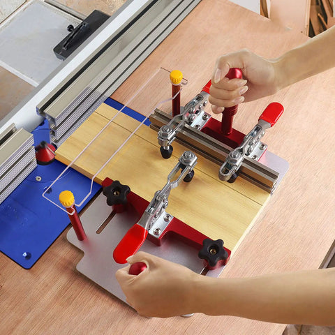 Coping Sled for Router Table With Clear Acrylic Fence, Rail Guide, and Safety Pushing Clamp in use for precise cabinet joints