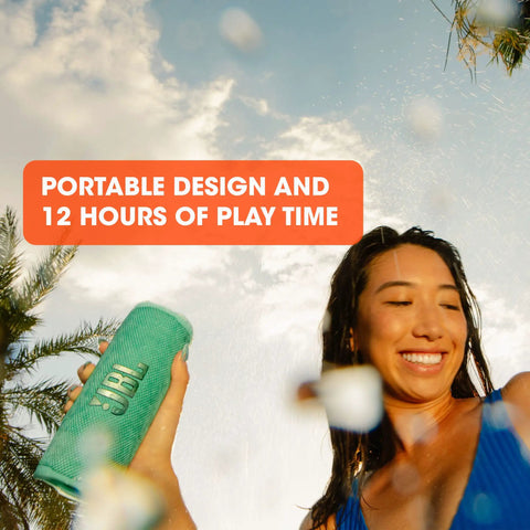 Woman holding Flip 6 Portable Bluetooth Speaker With Loud Power And Deep Bass, IPX7 Waterproof, 12 Hour Playtime feature highlighted.