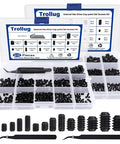 Massive 1305 Piece Metric And SAE Set Screw Kit With Headless Internal Hex Drive Includes 26 Sizes From M3 To M8 And One Eighth To Five Sixteenths Inch Plus Ten Hex Wrenches And Two Tweezers In Durable Black Alloy Steel displayed in a plastic organizer.