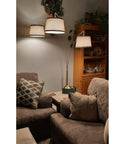 Dope Modern Arc Floor Lamp With Three Lights And Three Way Switch Beige Burlap Drum Shades Antique Bronze Finish in living room