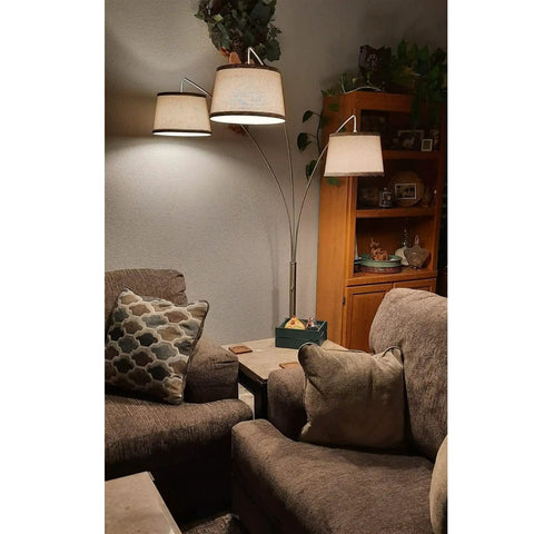 Dope Modern Arc Floor Lamp With Three Lights And Three Way Switch Beige Burlap Drum Shades Antique Bronze Finish in living room