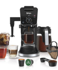 Hot And Iced Coffee Maker With All In One Dual Brew Pro System for single serve or drip brew, 13 brew sizes, accessories shown