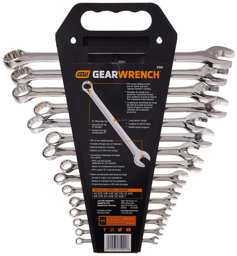 15 Piece Long Pattern SAE 12 Point Combination Wrench Set With Off Corner Box End For Better Grip And Less Fastener Rounding