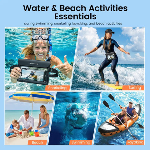Collage of people using IPX8 Waterproof Fanny Pack Duo Dry Bag for snorkeling, surfing, beach, swimming, and kayaking activities.