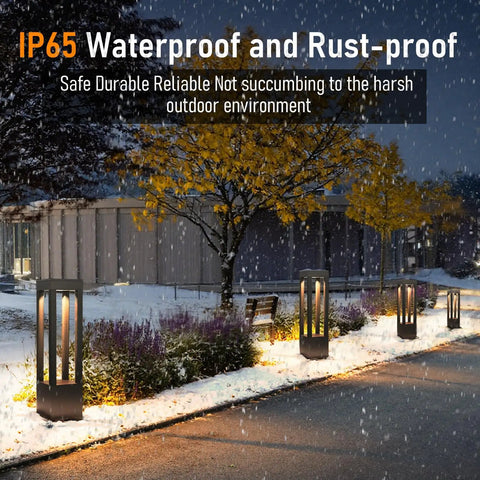 Outdoor pathway lights illuminating snowy driveway, featuring high brightness LED chips and weatherproof design.
