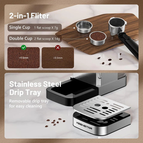 2-in-1 filter system for Kickin 20 Bar Espresso Maker with stainless steel removable drip tray for easy cleaning