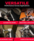 Compact Quarter Inch Collet Air Die Grinder Kit With Squared Off Right Angle Frame And Punchy 21000 Rpm Torque Setup shown in automotive and industrial tasks.