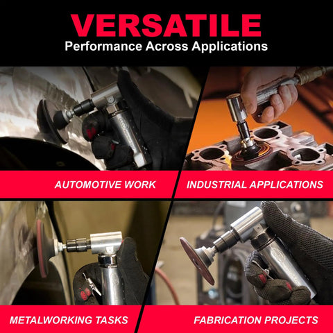 Compact Quarter Inch Collet Air Die Grinder Kit With Squared Off Right Angle Frame And Punchy 21000 Rpm Torque Setup shown in automotive and industrial tasks.