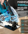 Close-up of Turbo 6 Inch Cordless Circular Saw with 21V Brushless Motor showcasing 7000 RPM brushless motor design.