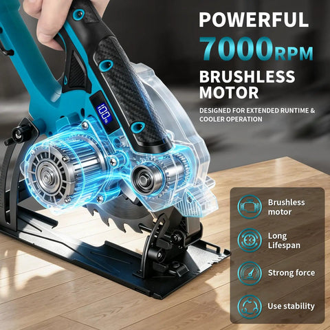 Close-up of Turbo 6 Inch Cordless Circular Saw with 21V Brushless Motor showcasing 7000 RPM brushless motor design.