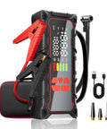 Beast Mode Jump Starter With Built In Air Compressor 160 PSI Car Battery Charger For 7.0L Gas Or 6.0L Diesel Tire Inflator USB Power Bank And Heavy Duty Jump Cables Road Trip Ready, shown with clamps, inflator, and accessories.