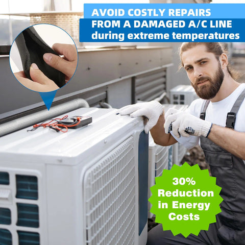 Man applying Eight Pack Foam Pipe Insulation With Aluminum Foil for Outdoor Spigots and Water Lines on AC unit