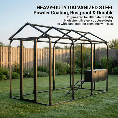 Open frame of Walk-In Chicken Coop For Backyards Big Rugged 9 By 6 By 6 Feet Predator-Proof All-Metal Cage