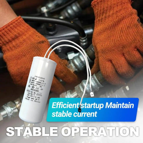 Universal 60uF Motor Capacitor Replacement for Auto Lift Power Units held by mechanic in gloves