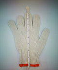 Durable Heavy Duty Cotton Polyester Work Gloves With Rock Solid Grip, 12 Pairs Thick String Knit Safety Gloves For Yard Mechanics Warehouse And Bbq Jobs, measuring glove with orange cuff view.