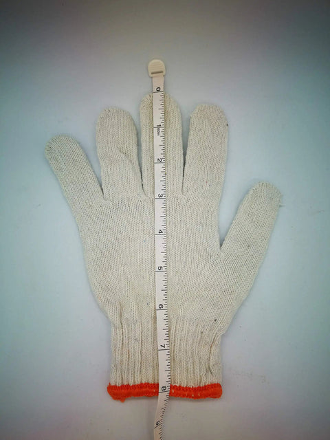 Durable Heavy Duty Cotton Polyester Work Gloves With Rock Solid Grip, 12 Pairs Thick String Knit Safety Gloves For Yard Mechanics Warehouse And Bbq Jobs, measuring glove with orange cuff view.