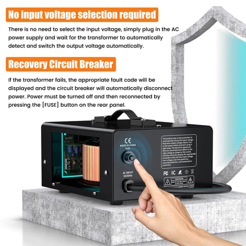 Heavy Duty 8000W Voltage Converter Transformer with circuit breaker protection and LCD display, rear view with instructions visible