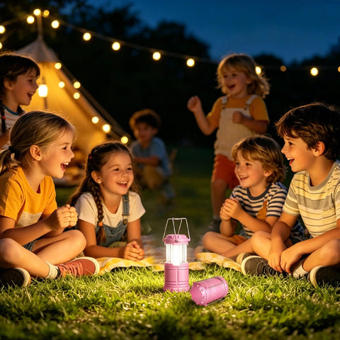 Children enjoying campfire with 2 Pack Mini LED Pink Camping Lanterns Portable Outdoor Handheld Lights for Camping Hiking Power Outages and Emergencies Durable ABS Construction for Long Lasting Use