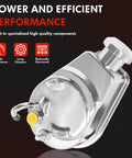 Close-up of Chrome Power Steering Pump with highlights on performance features and design for GM SBC 265-400 engines.