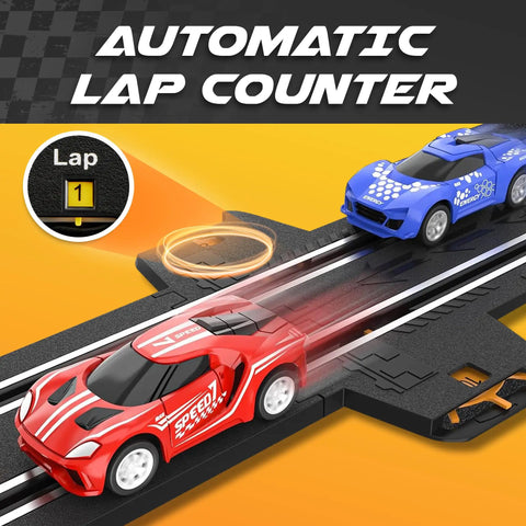 Fast Action Slot Car Track Set With Double Loop 1 To 64 Scale Cars showing red and blue cars on electric race track with automatic lap counter