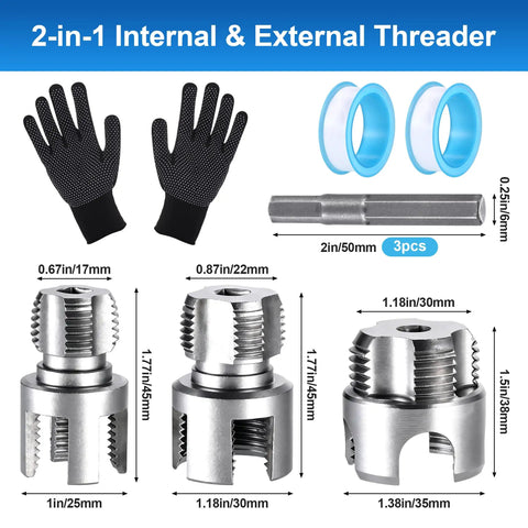 Kick Plumbing Jobs Up A Notch With This Epic 3 Pcs PVC Pipe Threader Kit showing internal and external threading tools for various pipe sizes.